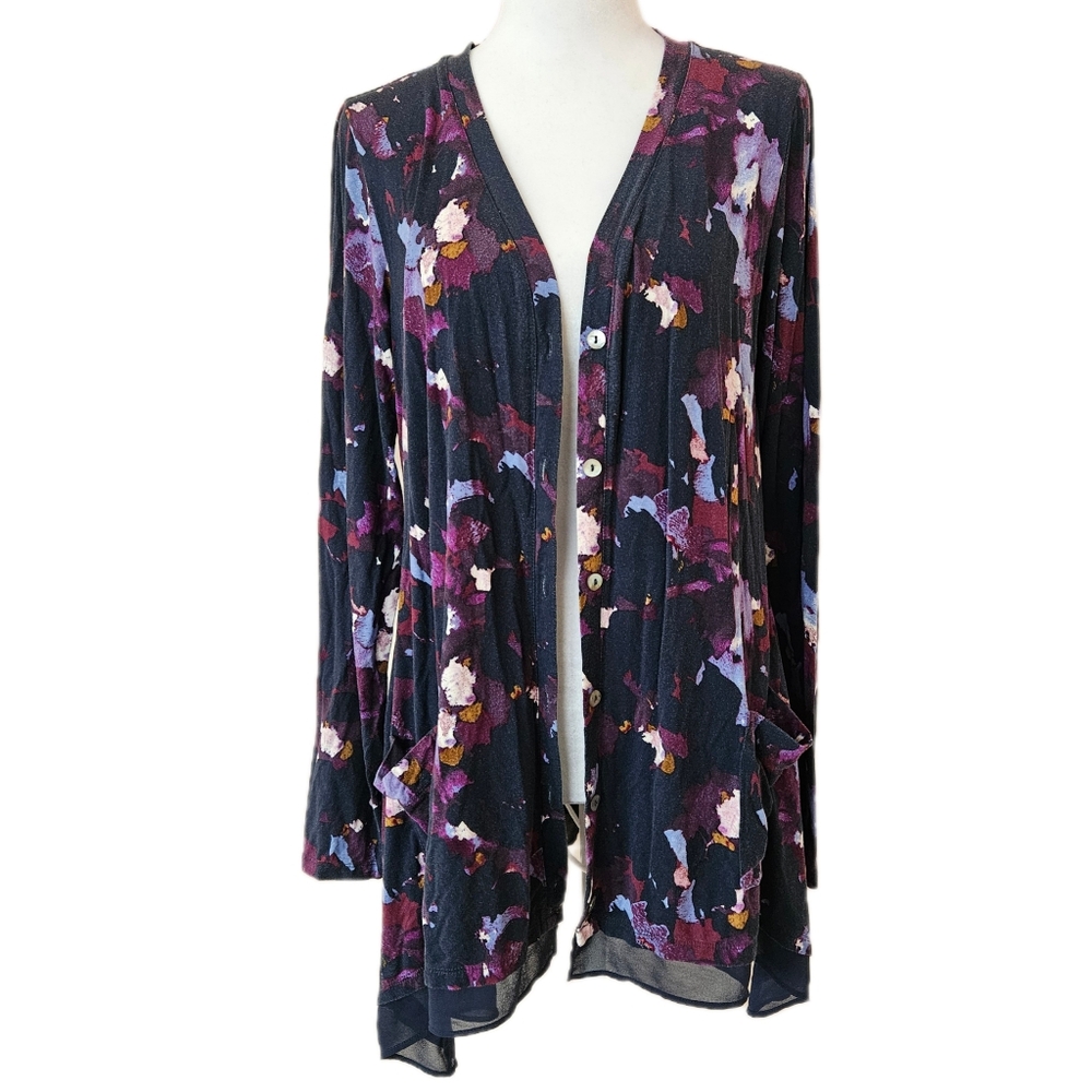 LOGO Lori Goldstein Long Dark Floral‎ Cardigan Women's Small Asymmetrical Soft
